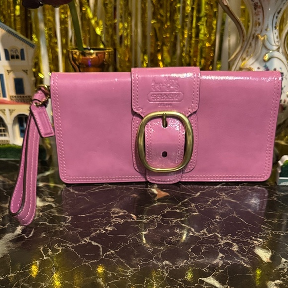 Coach Handbags - Coach y2k Bleecker patent pink Leather Wristlet with Gold Buckle